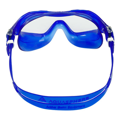 Aquasphere Vista XP swim mask with clear lens and blue frame, view from behind showing the strap
