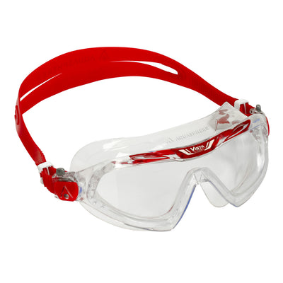 Aquasphere Vista XP swim mask with clear lens and red frame, angled view