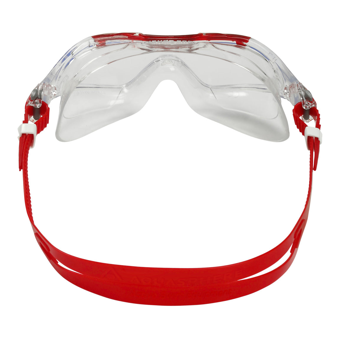 Aquasphere Vista XP swim mask with clear lens and red frame, view from behind showing the strap
