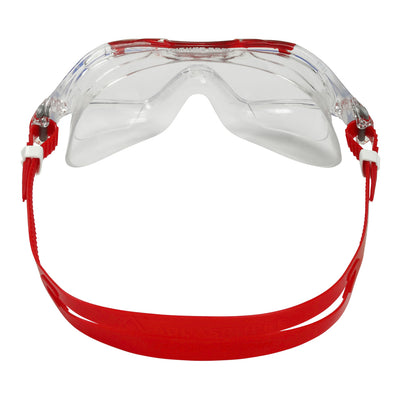 Aquasphere Vista XP swim mask with clear lens and red frame, view from behind showing the strap