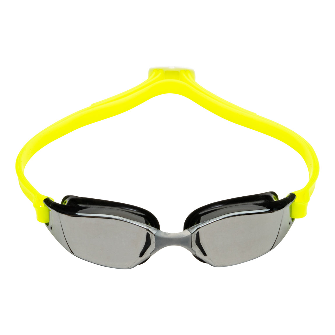 Aquasphere Xceed swim goggles with silver mirrored lens and black and yellow frame, front view