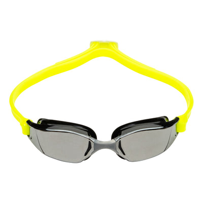 Aquasphere Xceed swim goggles with silver mirrored lens and black and yellow frame, front view