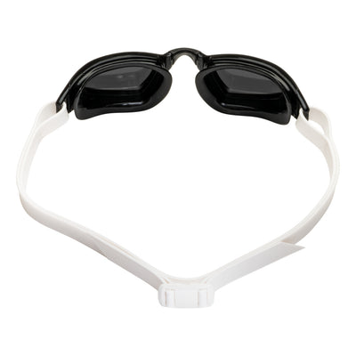 Aquasphere Xceed swim goggles with silver mirrored lens and black and white frame, view from behind showing the strap