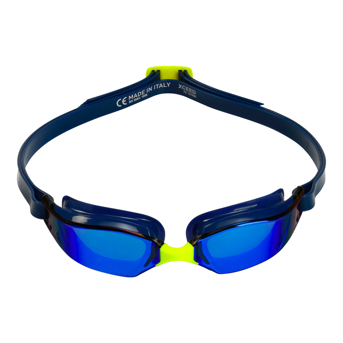 Aquasphere Xceed swim goggles with blue mirrored lens and navy frame, front view
