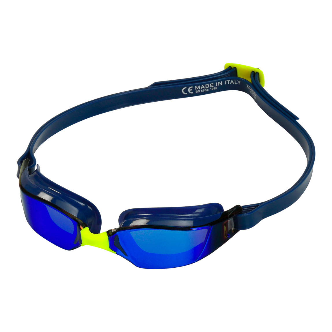 Aquasphere Xceed swim goggles with blue mirrored lens and navy frame, angled view