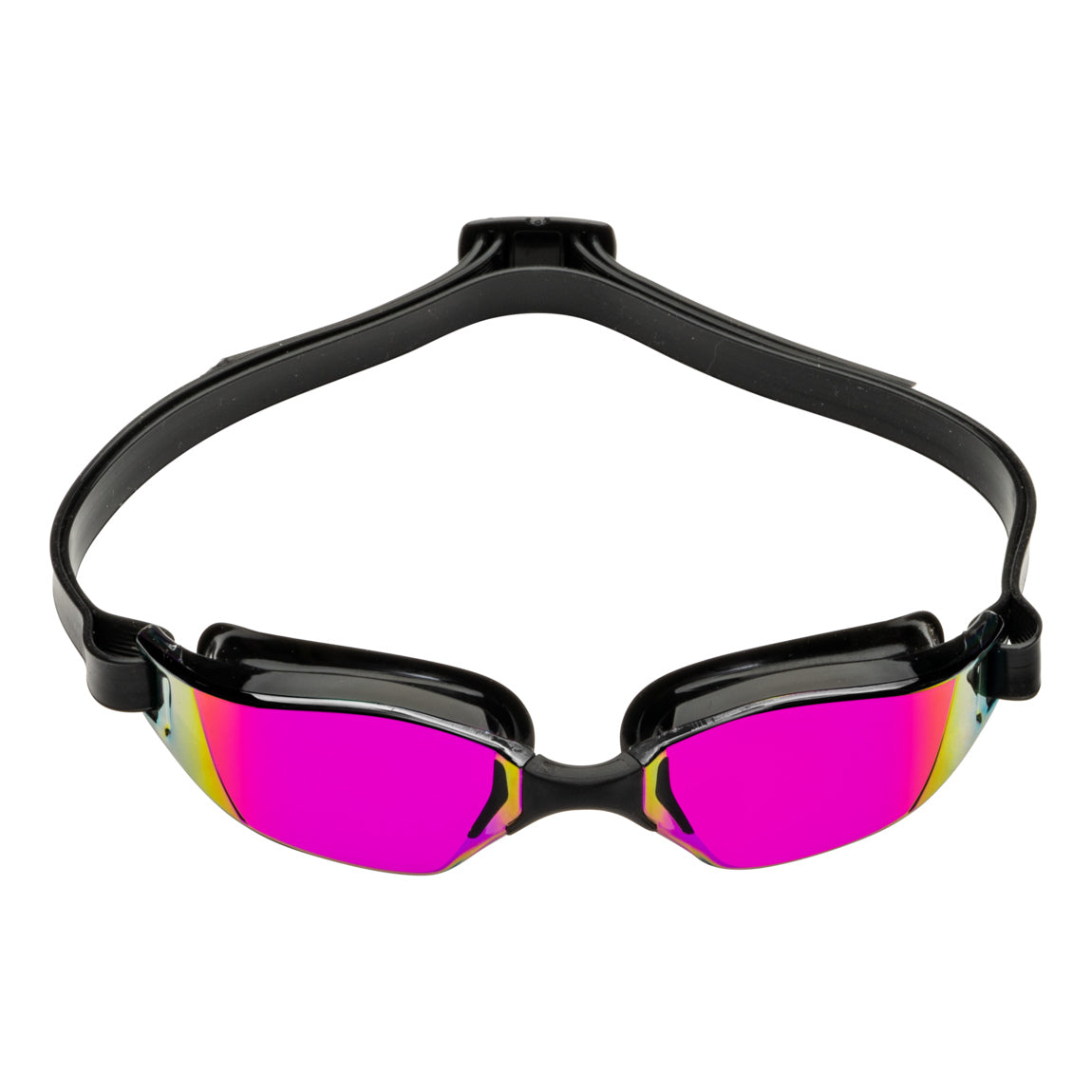 Aquasphere Xceed swim goggles with pink mirrored lens and black frame, front view