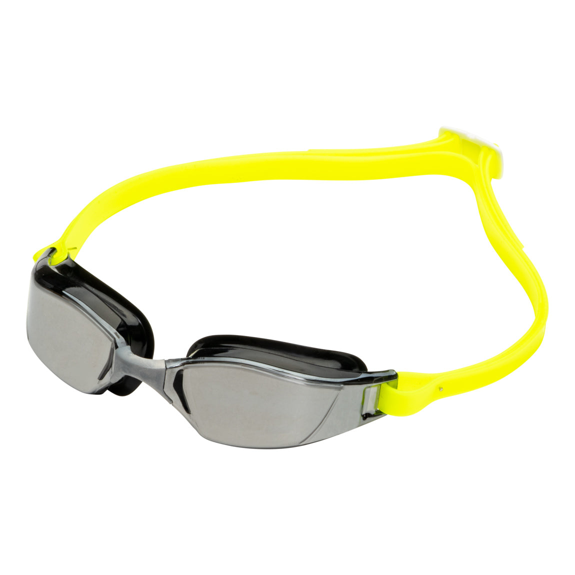 Aquasphere Xceed swim goggles with silver mirrored lens and black and yellow frame, front view