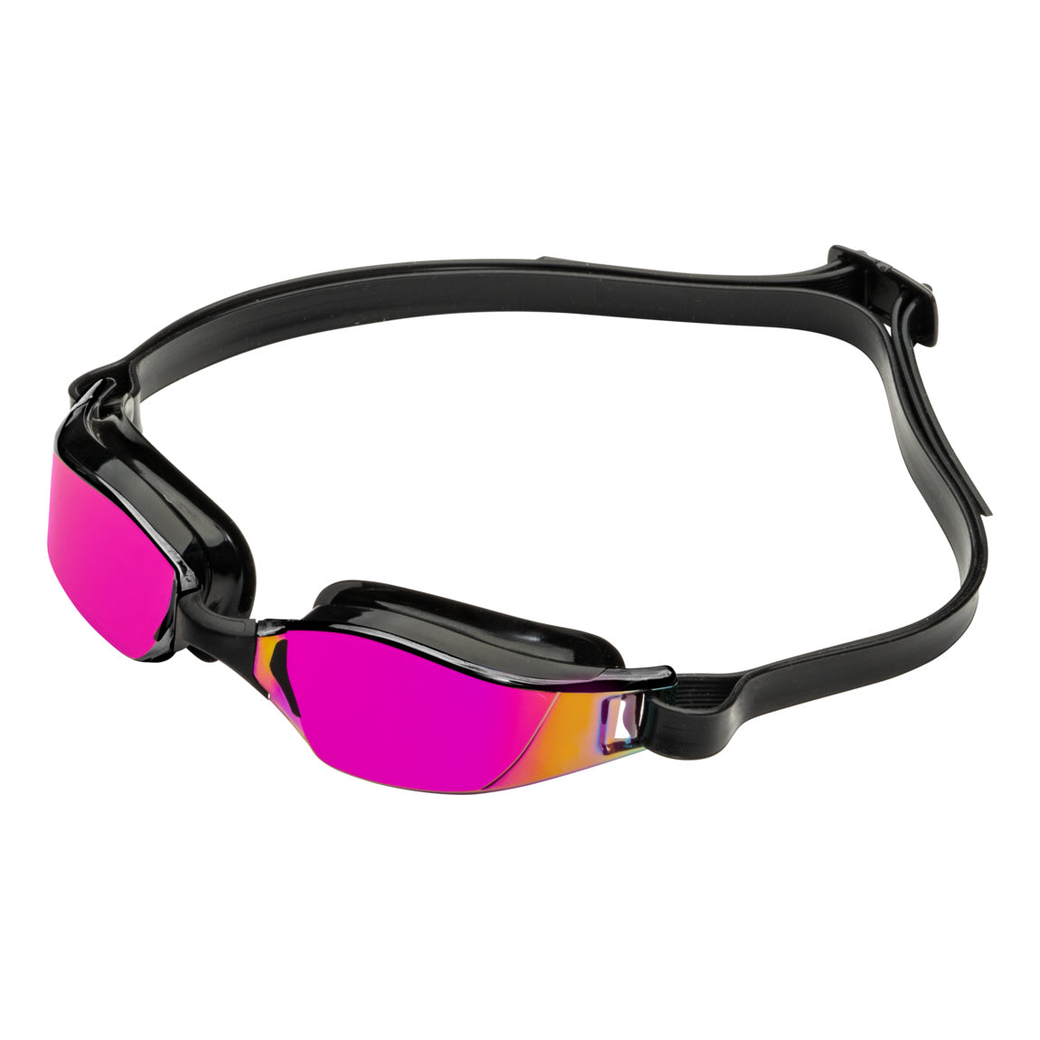 Aquasphere Xceed swim goggles with pink mirrored lens and black frame, angled view