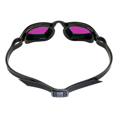Aquasphere Xceed swim goggles with pink mirrored lens and black frame, view from behind showing the strap