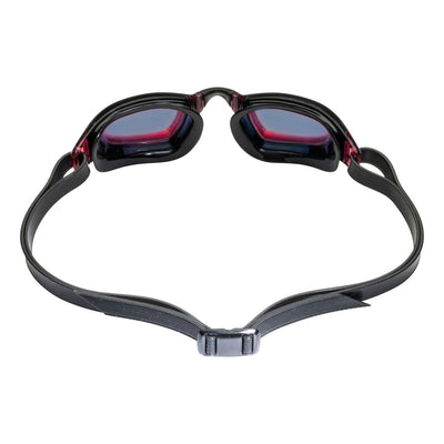 Aquasphere Xceed swim goggles with red mirrored lens and black frame, view from behind showing the strap