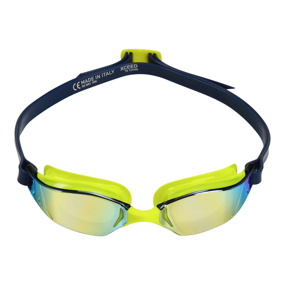 Aquasphere Xceed swim goggles with yellow mirrored lens and navy and yellow frame, front view