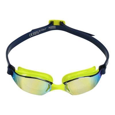Aquasphere Xceed swim goggles with yellow mirrored lens and navy and yellow frame, front view