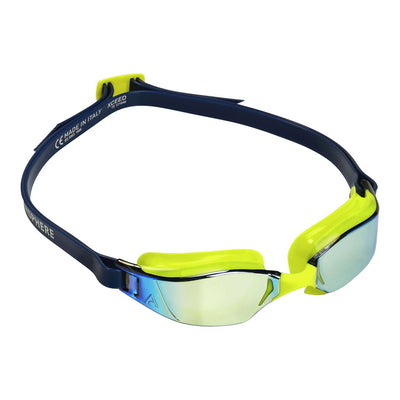 Aquasphere Xceed swim goggles with yellow mirrored lens and navy and yellow frame, second angled view