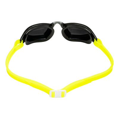 Aquasphere Xceed swim goggles with silver mirrored lens and black and yellow frame, view from behind showing the strap