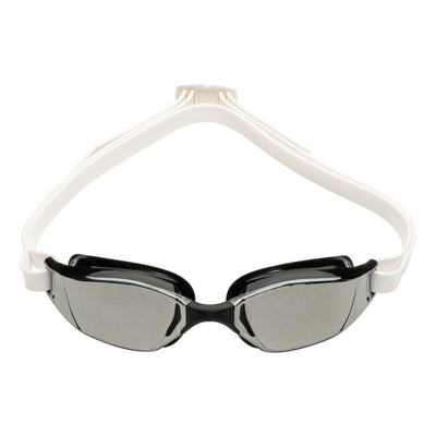 Aquasphere Xceed swim goggles with silver mirrored lens and black and white frame, front view
