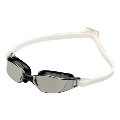 Aquasphere Xceed swim goggles with silver mirrored lens and black and white frame, angled view