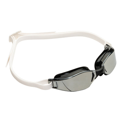 Aquasphere Xceed swim goggles with silver mirrored lens and black and white frame, second angled view