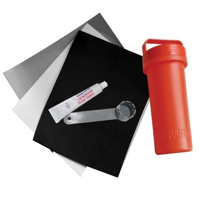 Arimar inflatable boat repair kit with grey, white and black patches, glue tube, valve key and orange storage tube