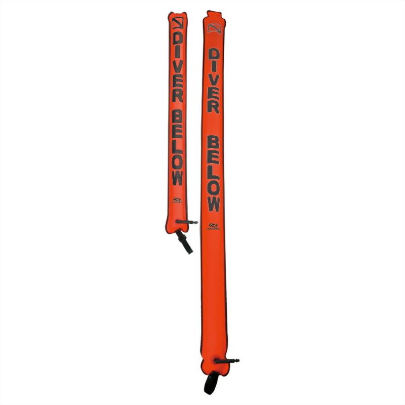 Aropec orange signal tube with inflator, shown in small and large lengths