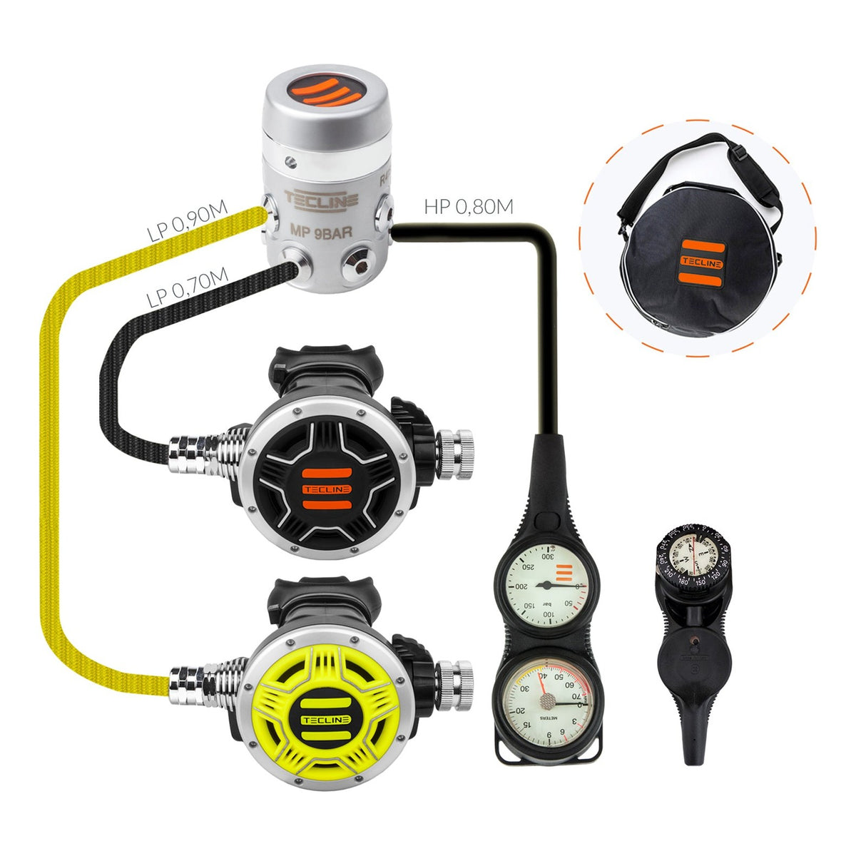 Tecline R4 TEC1 set I: first stage, black and yellow TEC1 second stages and pressure gauge