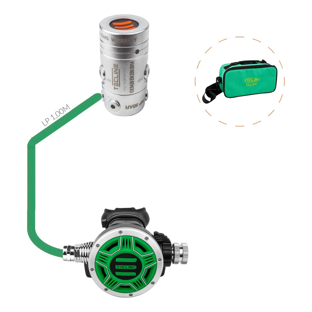Tecline R2 TEC1 100% O2 stage set with green TEC1 second stage and green bag