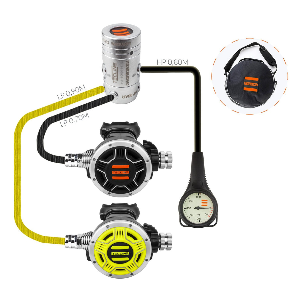 Tecline R2 TEC1 set I: first stage, black and yellow TEC1 second stages and pressure gauge