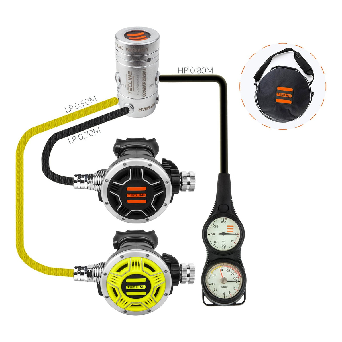 Tecline R2 TEC1 set I: first stage, black and yellow TEC1 second stages and pressure gauge