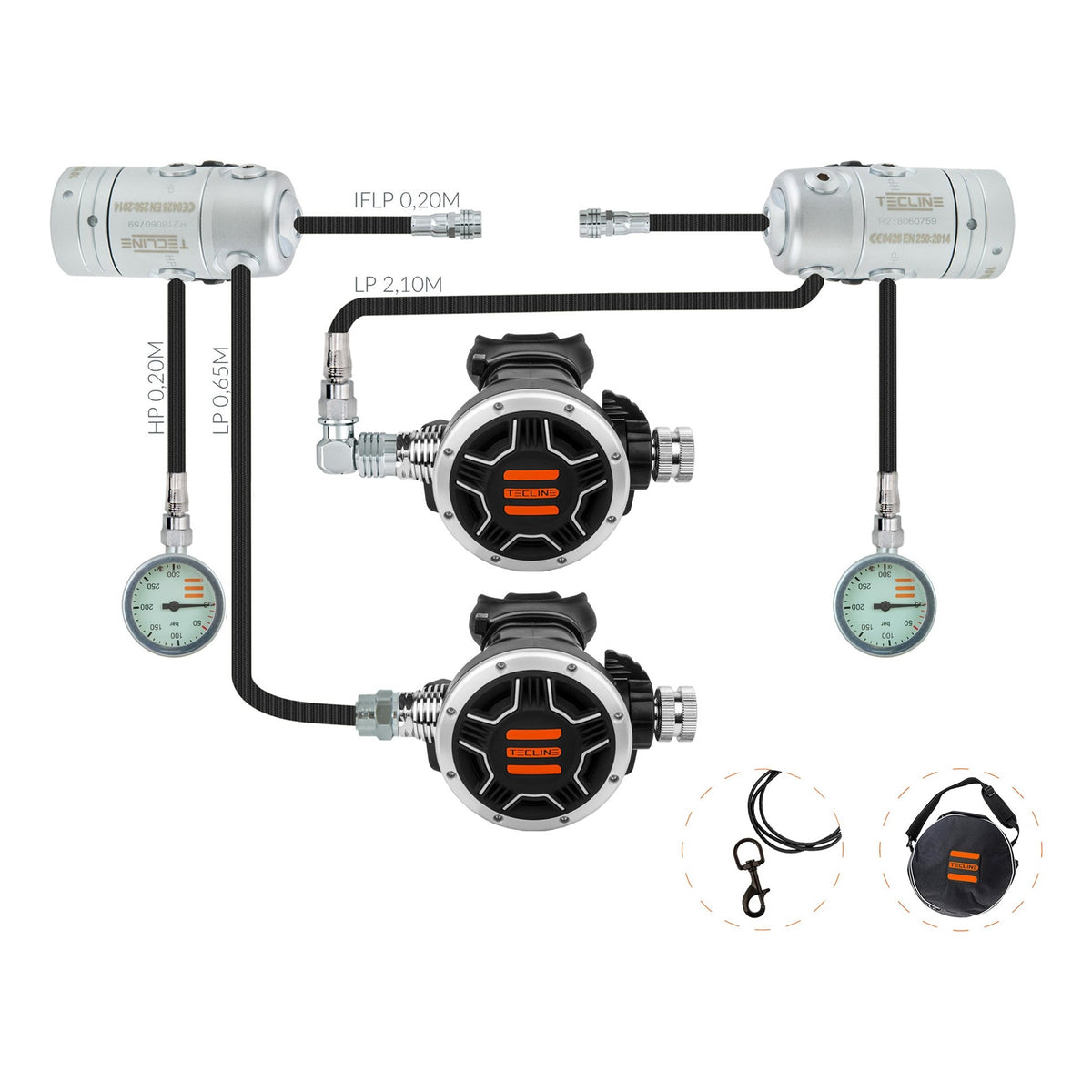 Tecline R2 TEC1 sidemount set: two first stages, two TEC1 second stages and two pressure gauges