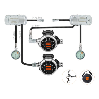 Tecline R2 TEC1 sidemount set: two first stages, two TEC1 second stages and two pressure gauges
