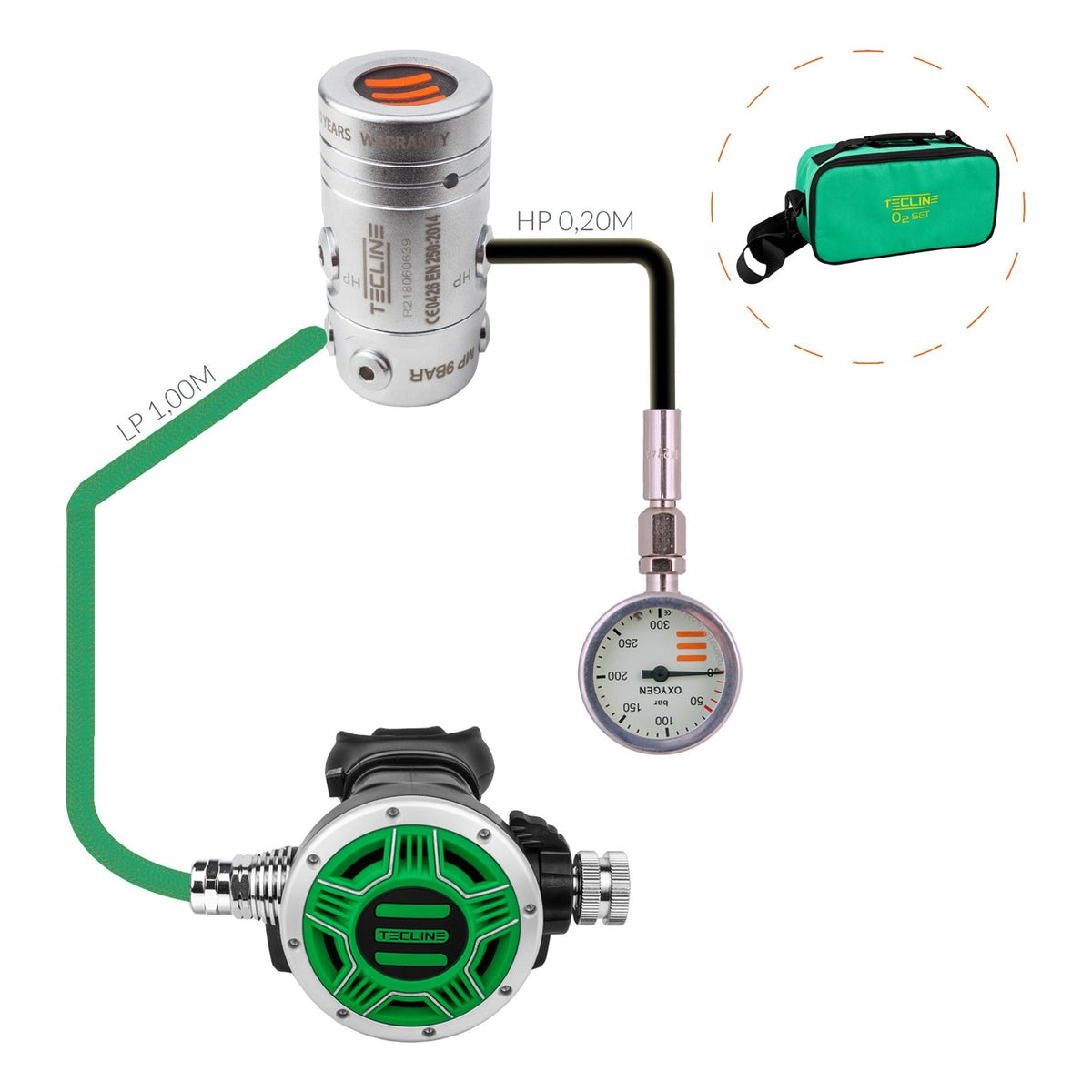 Tecline R2 TEC1 100% O2 stage set with green TEC1 second stage and green bag