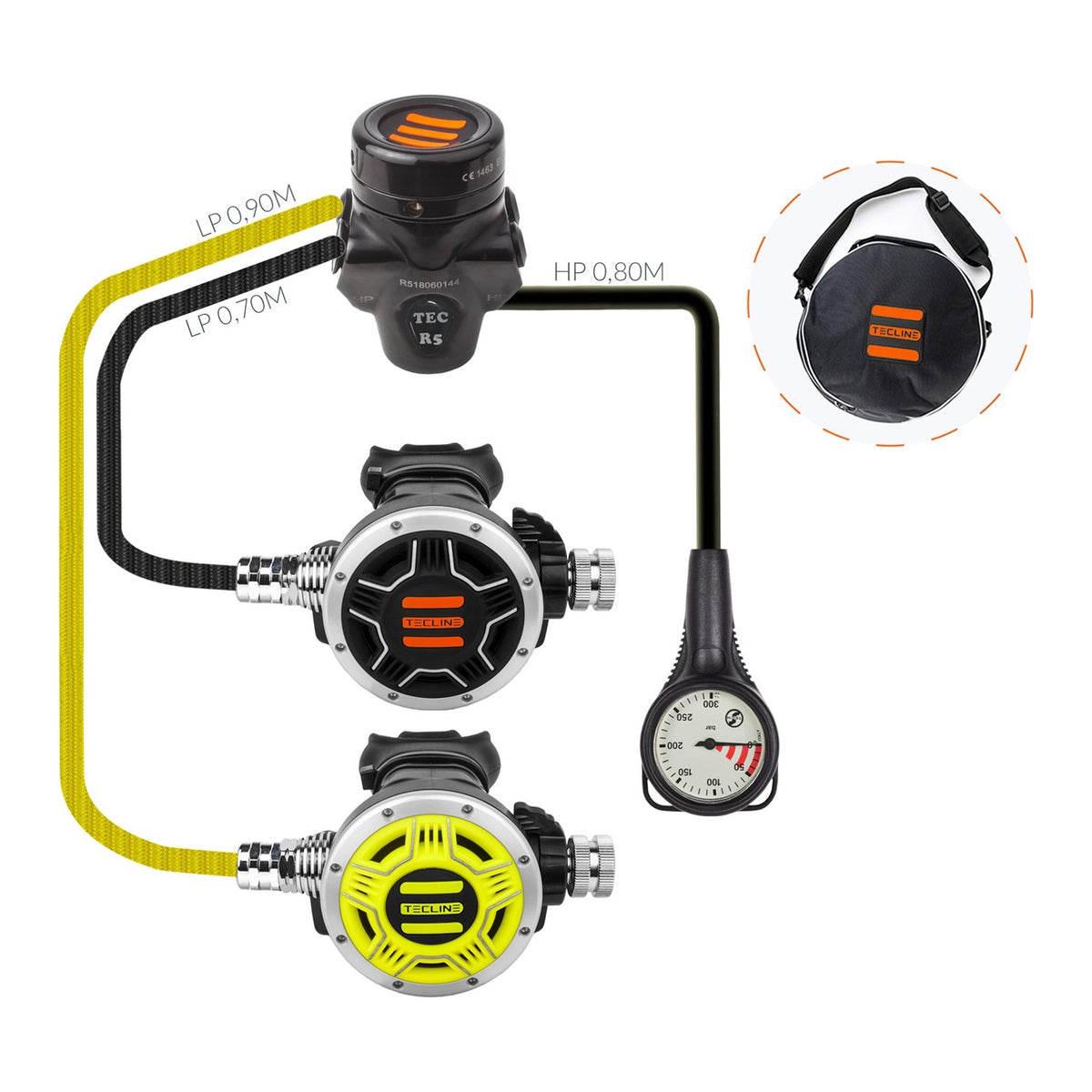 Tecline R5 TEC1 set I: black chrome first stage, TEC1 primary and octopus, pressure gauge