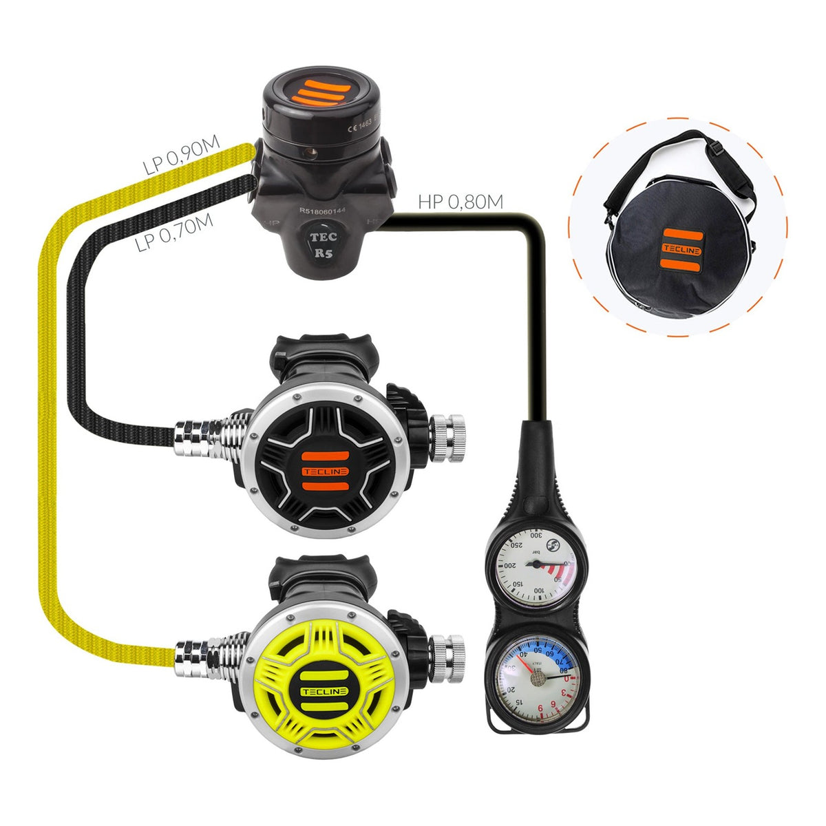 Tecline R5 TEC1 set I: black chrome first stage, TEC1 primary and octopus, pressure gauge