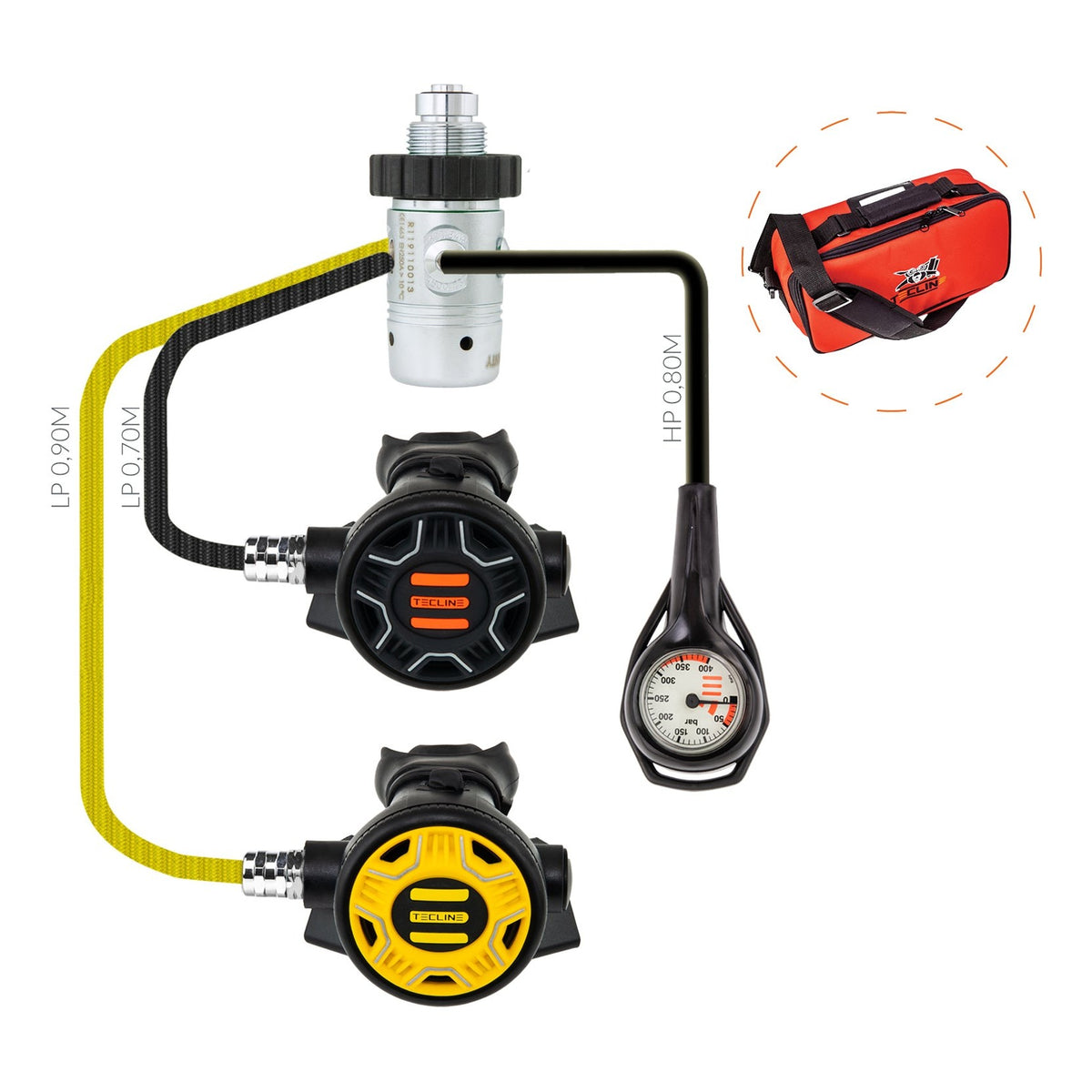 Tecline R1 REC1 set I: first stage, black and yellow REC1 second stages and pressure gauge