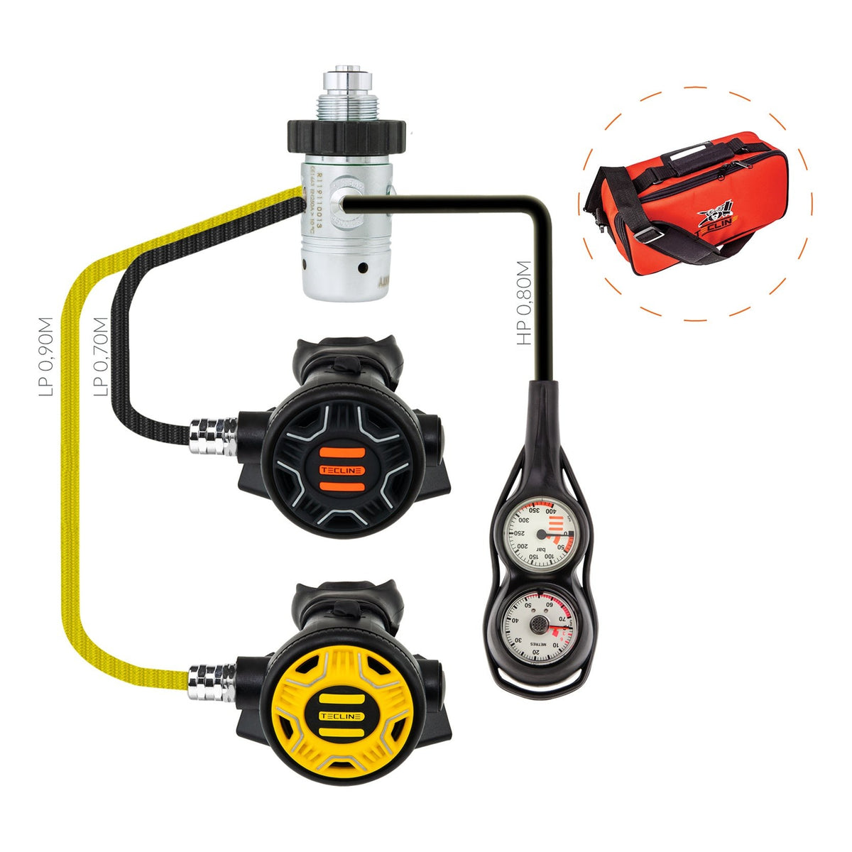 Tecline R1 REC1 set I: first stage, black and yellow REC1 second stages and pressure gauge