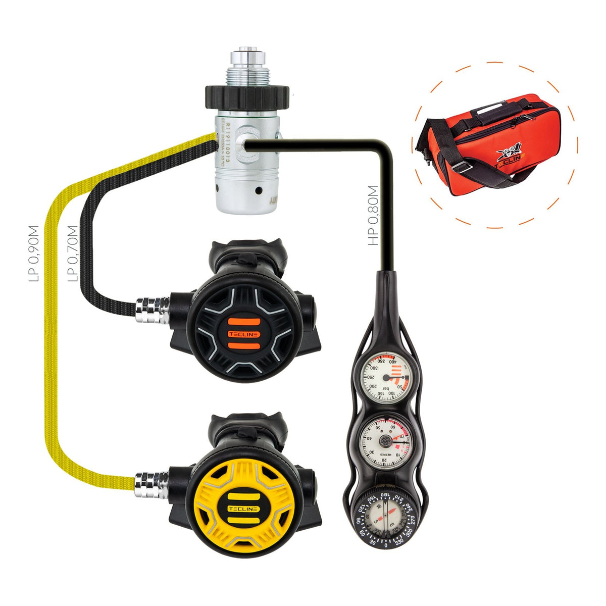 Tecline R1 REC1 set I: first stage, black and yellow REC1 second stages and pressure gauge