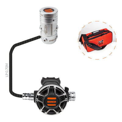 Tecline R2 TEC2 regulator set: R2 TEC first stage, TEC2 second stage, black LP hose and red regulator bag