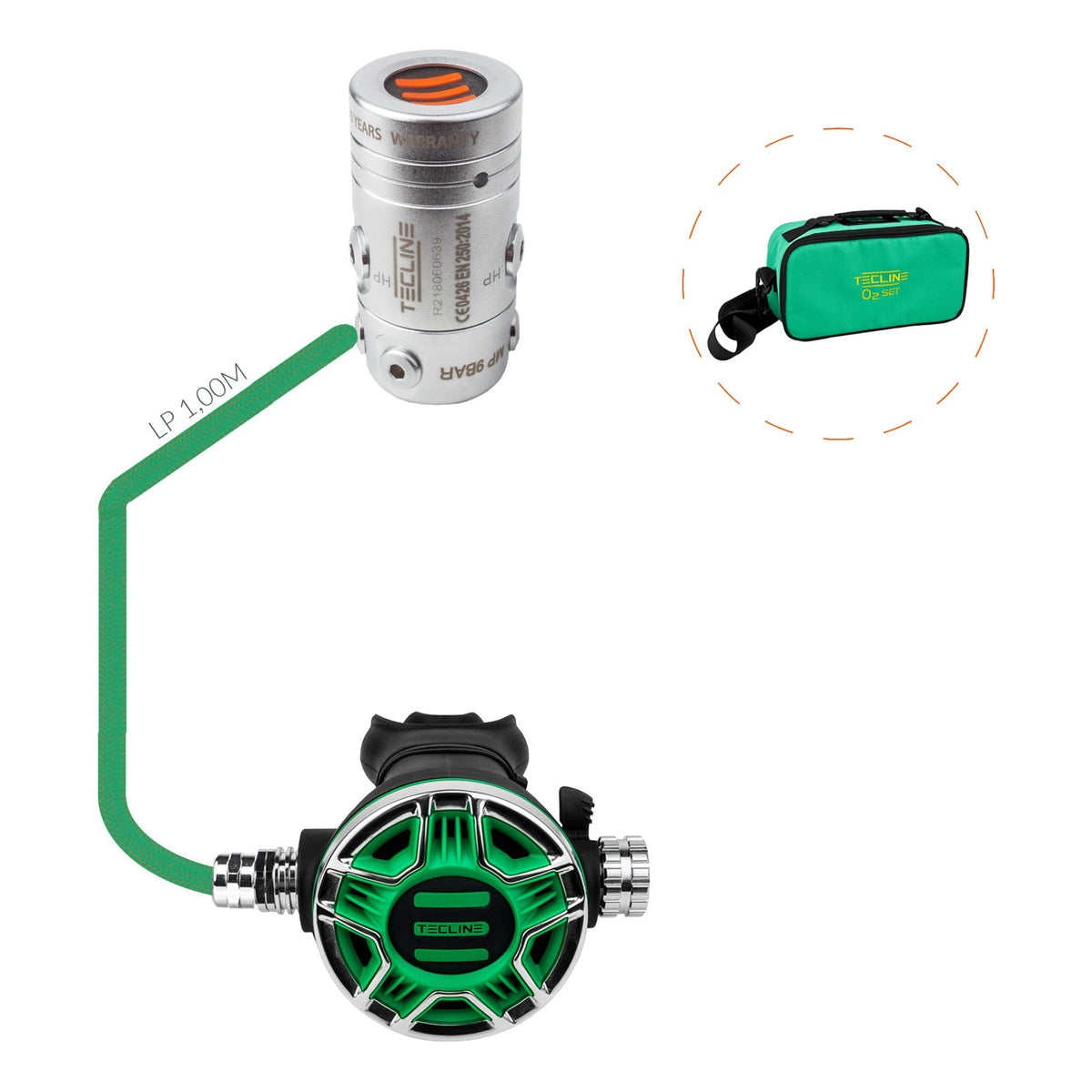 Tecline R2 TEC2 100% O2 stage set with green TEC2 second stage and green bag
