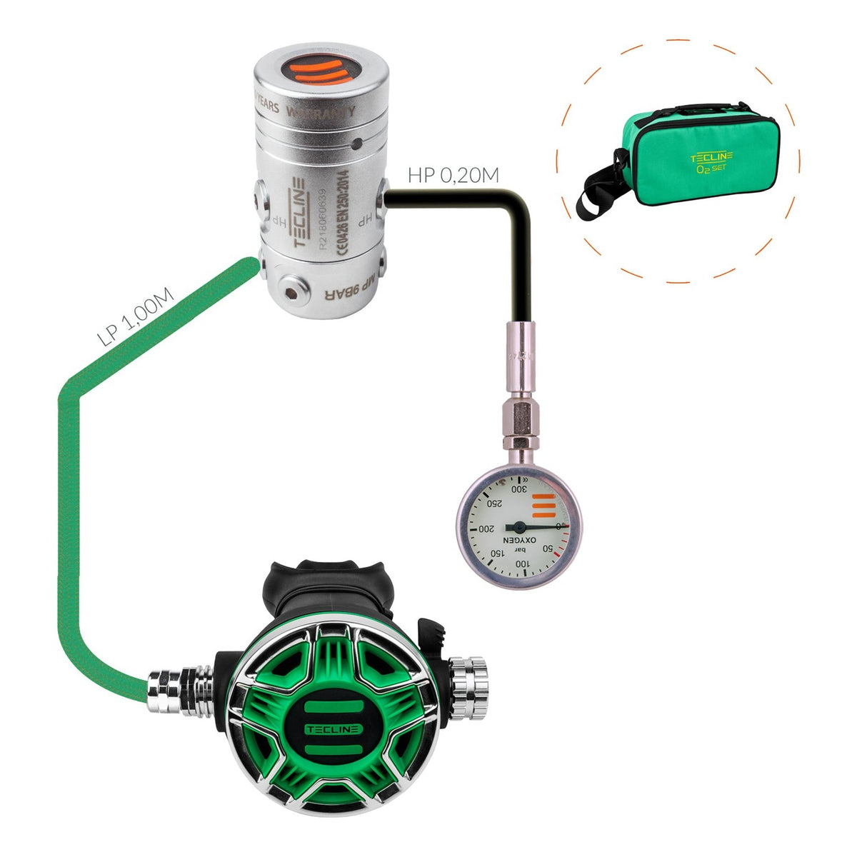 Tecline R2 TEC2 100% O2 stage set with green TEC2 second stage and green bag
