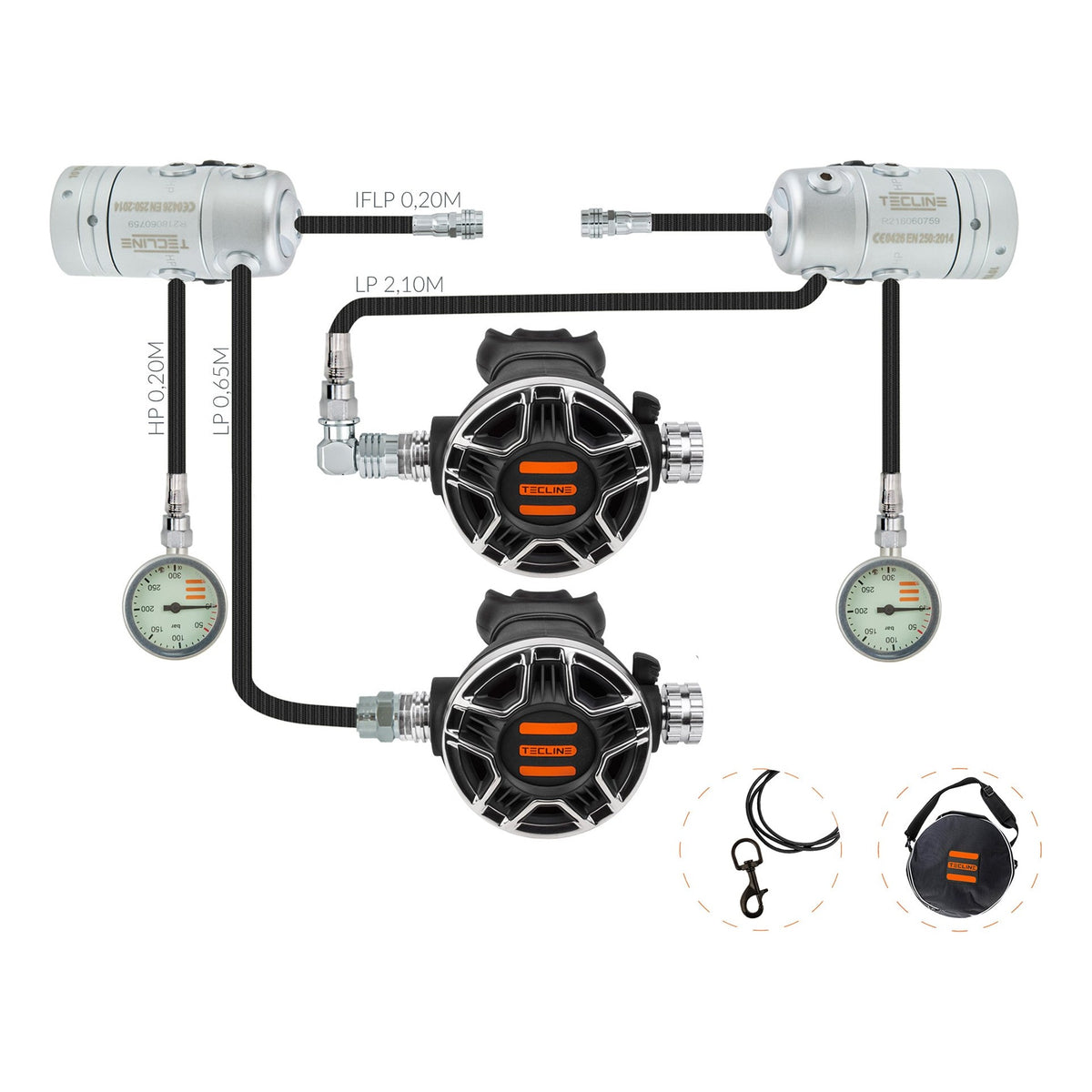 Tecline R2 TEC2 sidemount set: two first stages, two TEC2 second stages and two pressure gauges