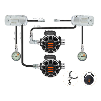 Tecline R2 TEC2 sidemount set: two first stages, two TEC2 second stages and two pressure gauges