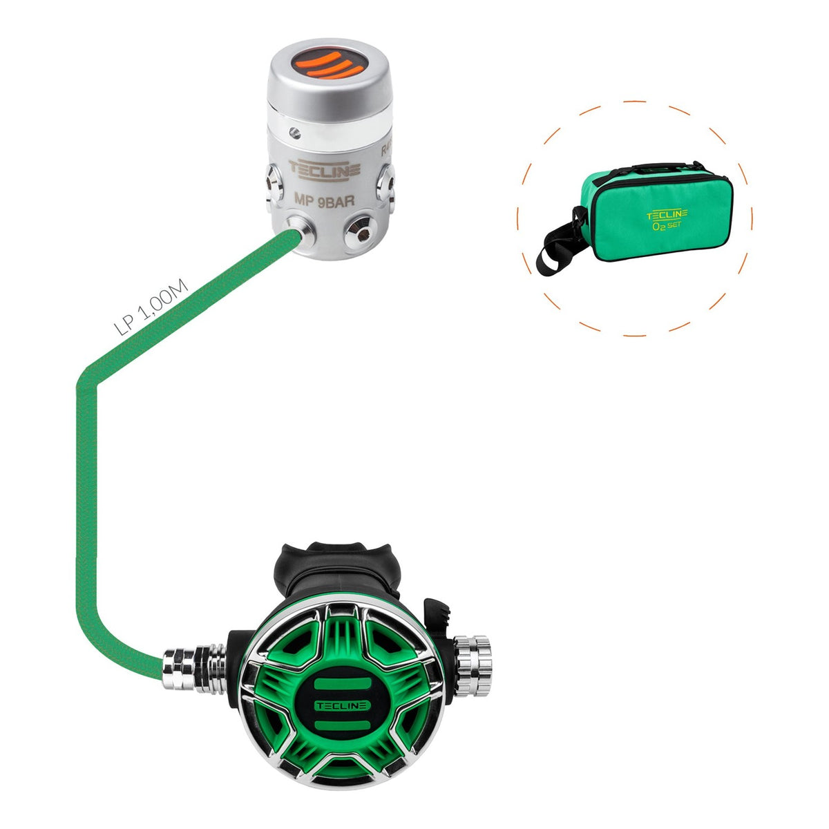 Tecline R4 TEC2 100% O2 stage set with green TEC2 second stage and green bag