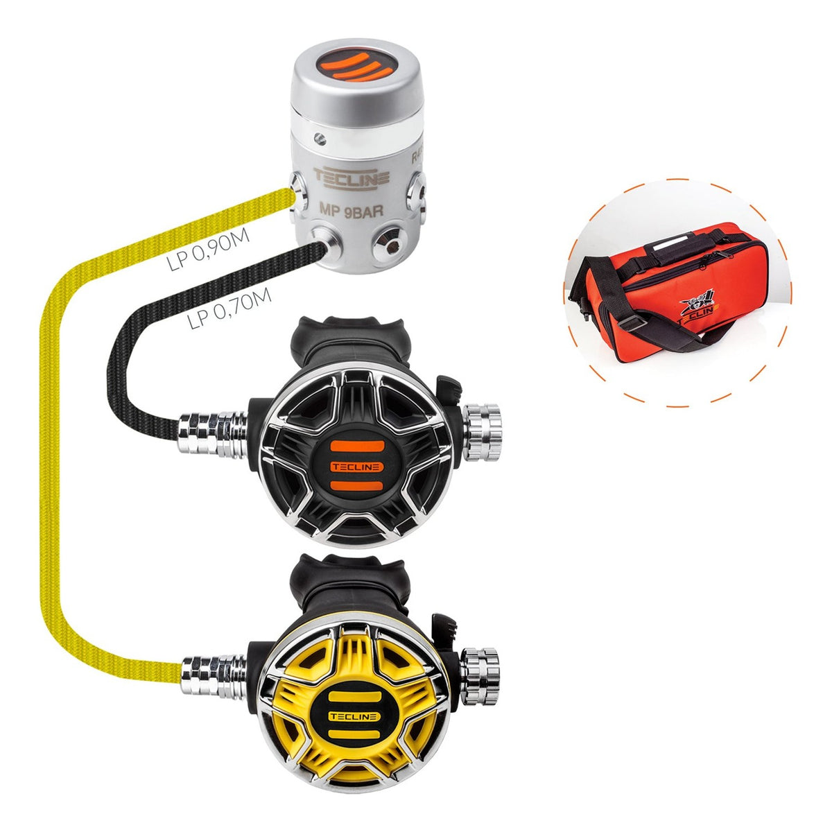 Tecline R4 TEC2 with octopus: R4 TEC first stage, black and yellow TEC2 second stages and red bag
