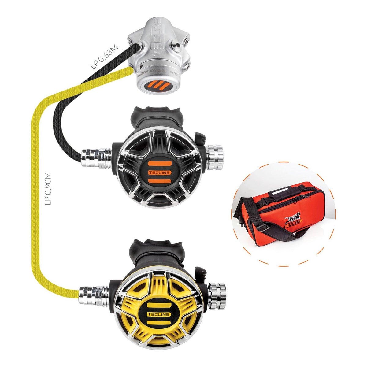 Tecline V1 ICE TEC2 with octopus: V1 ICE first stage, black and yellow TEC2 second stages and red bag