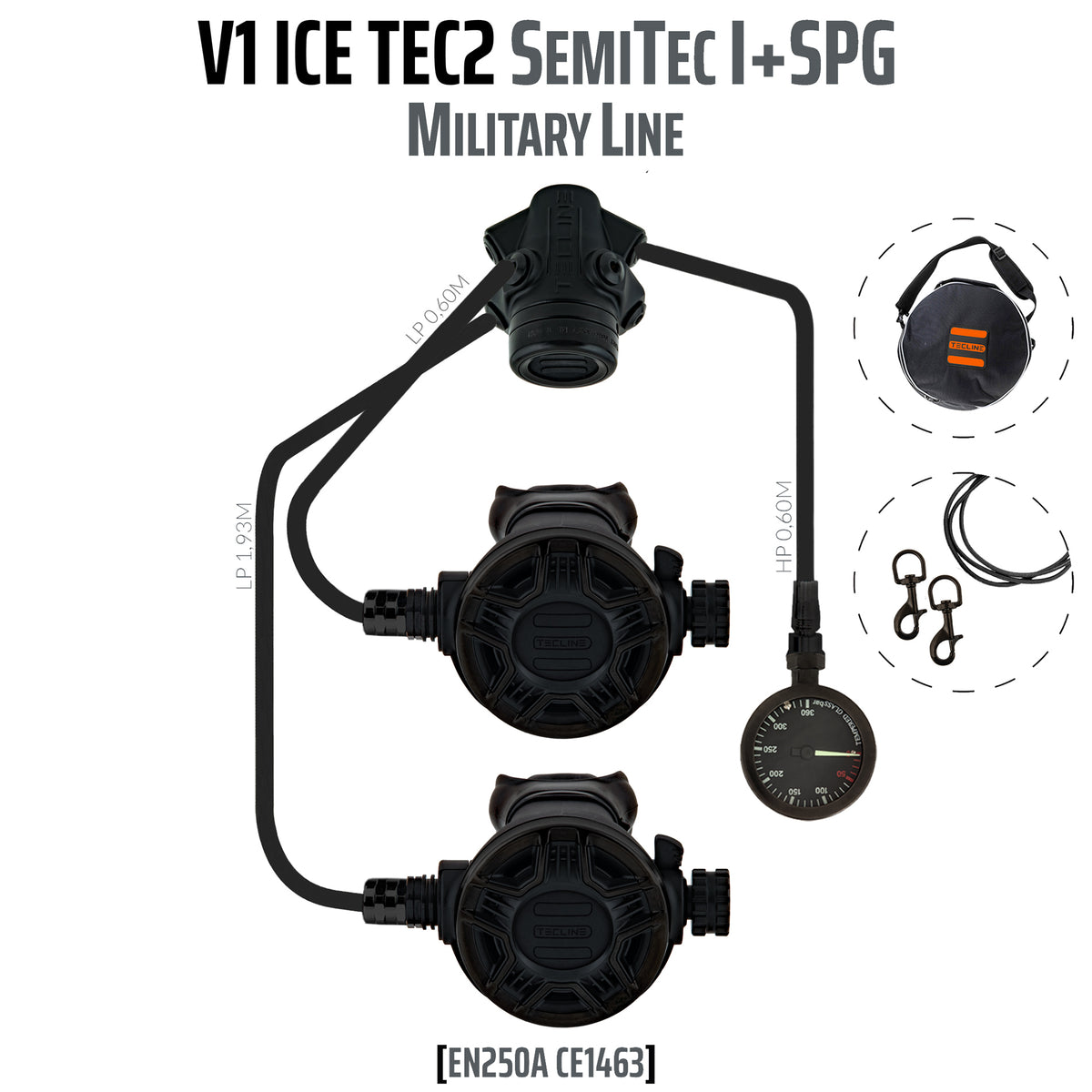 Tecline V1 ICE TEC2 reversible SemiTec I Military Line set in black with pressure gauge