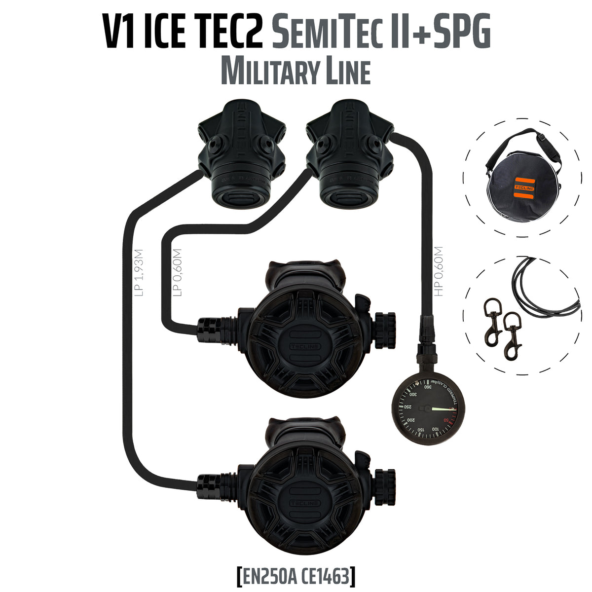 Tecline V1 ICE TEC2 reversible SemiTec II Military Line set with two black first stages and gauge