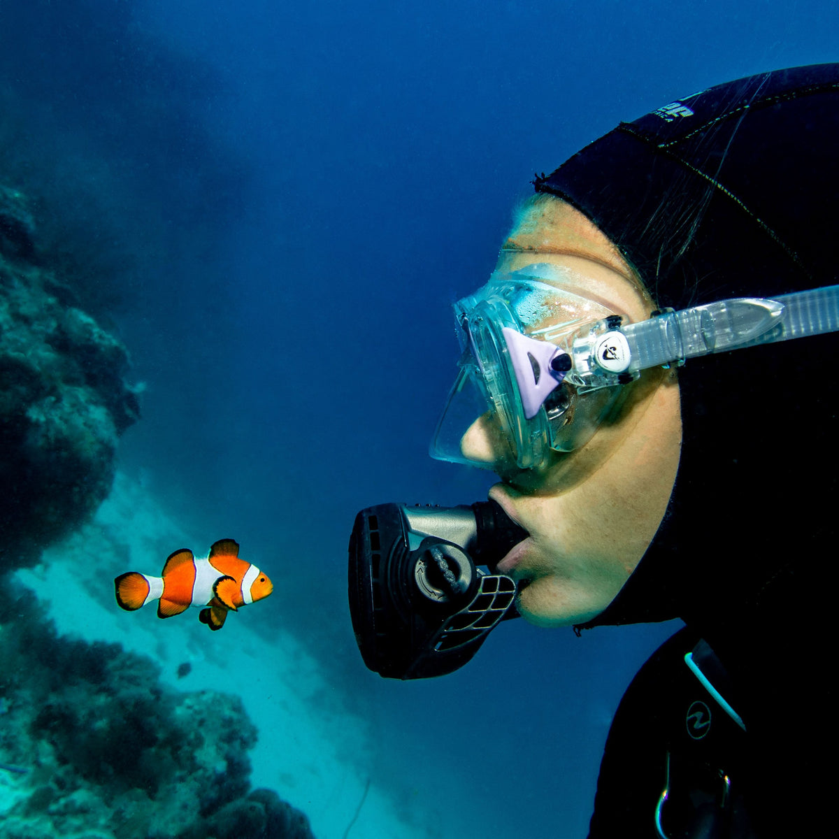 Diver face to face with a clownfish on a reef