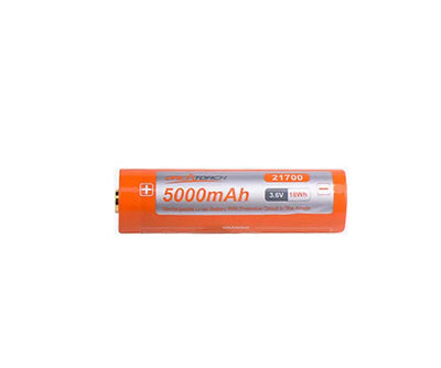 OrcaTorch 21700 USB-C cell in orange, side view of the 5000mAh label