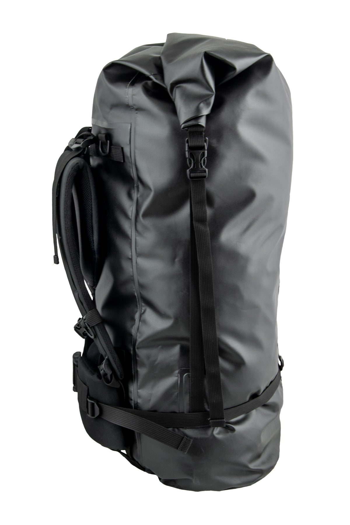 Tecline S-Tech Extream 100 L backpack in black, front view with roll-top closed