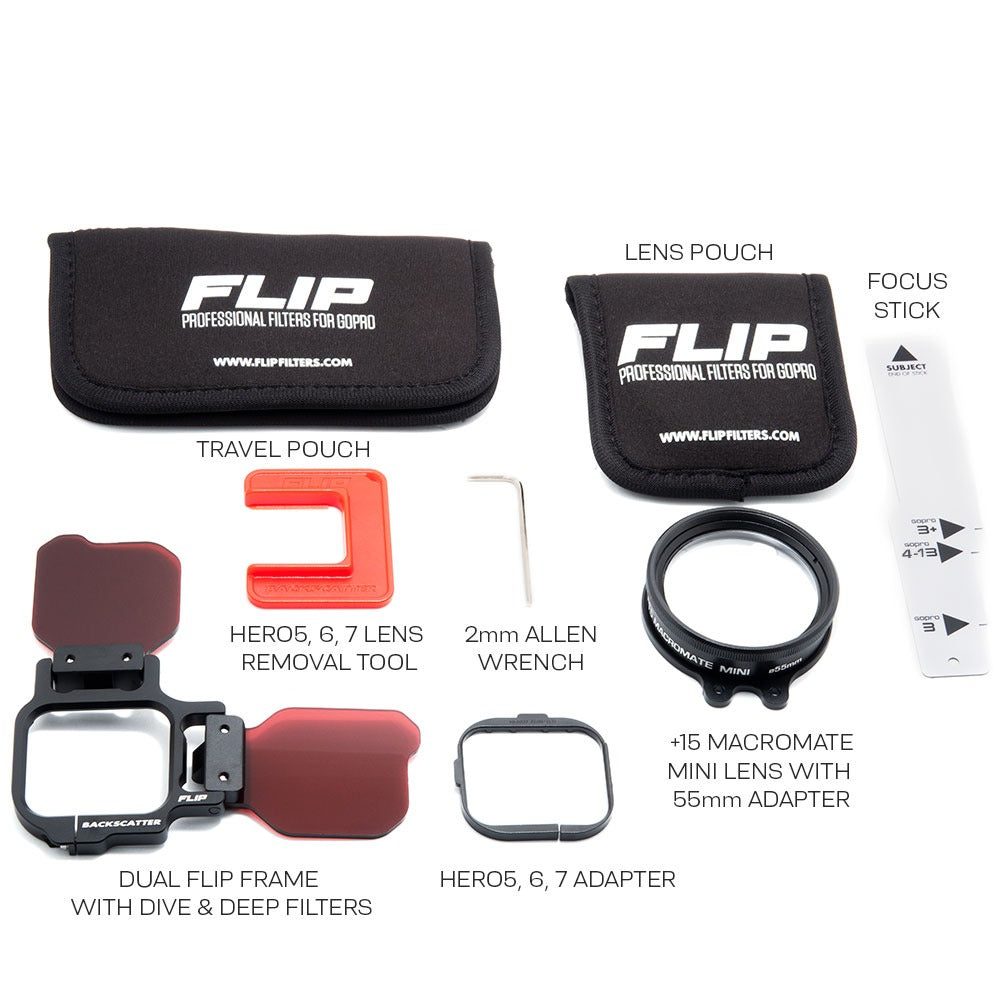 Backscatter FLIP13 Pro Package with the +15 MacroMate Mini lens over a GoPro port