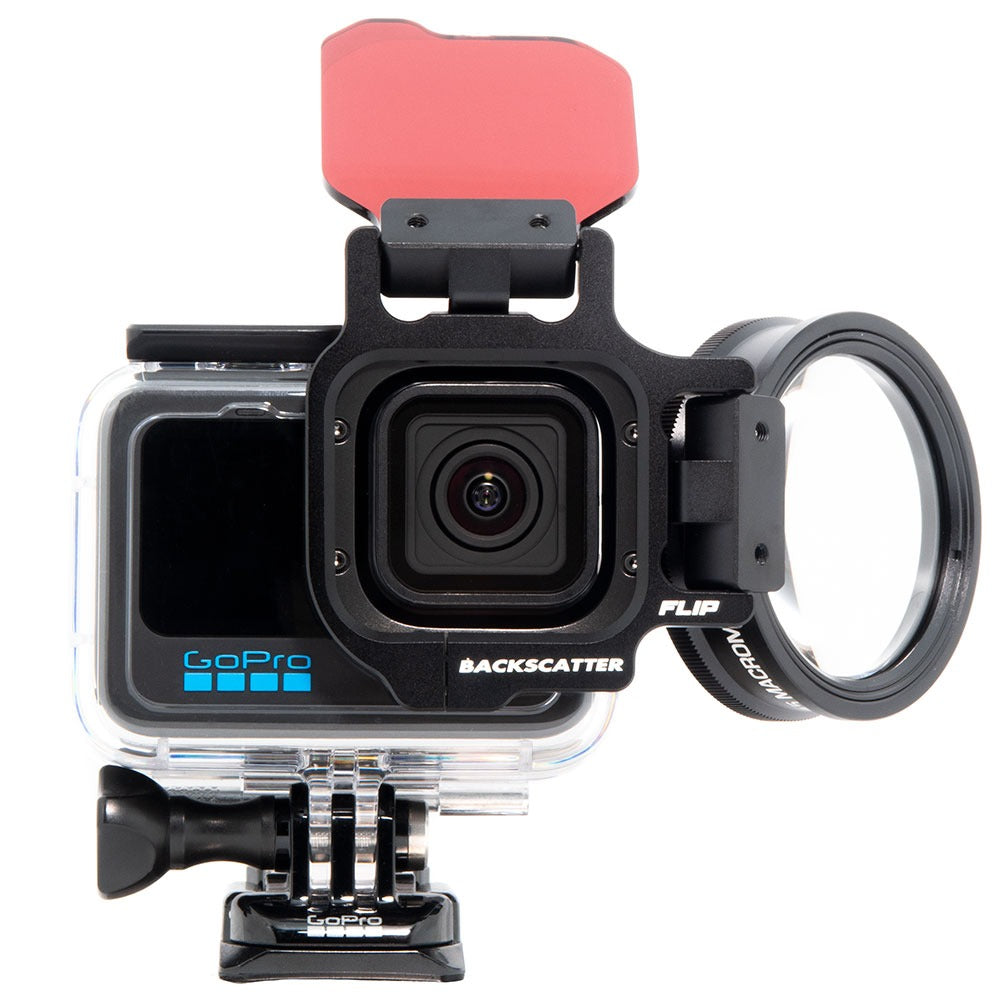 Backscatter FLIP13 Pro Package with the +15 MacroMate Mini lens over a GoPro port